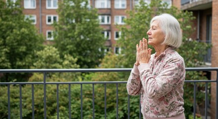 Senior woman practicing mindfulness on a balcony