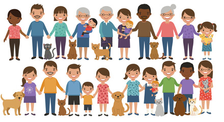 Diverse family portrait with pets - vector illustration for card design in flat style