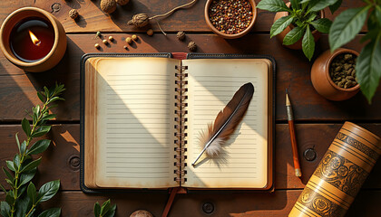 Notebook in neat handwriting on wooden table  