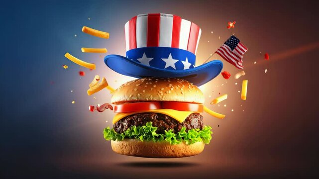 Burger wearing uncle sam's hat celebrating independence day with flying ingredients.