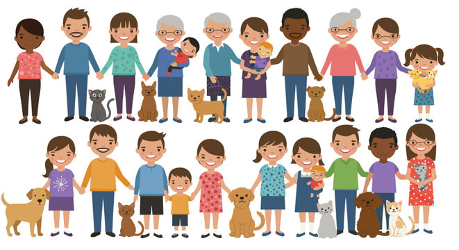 Diverse family portrait with pets - vector illustration for card design in flat style