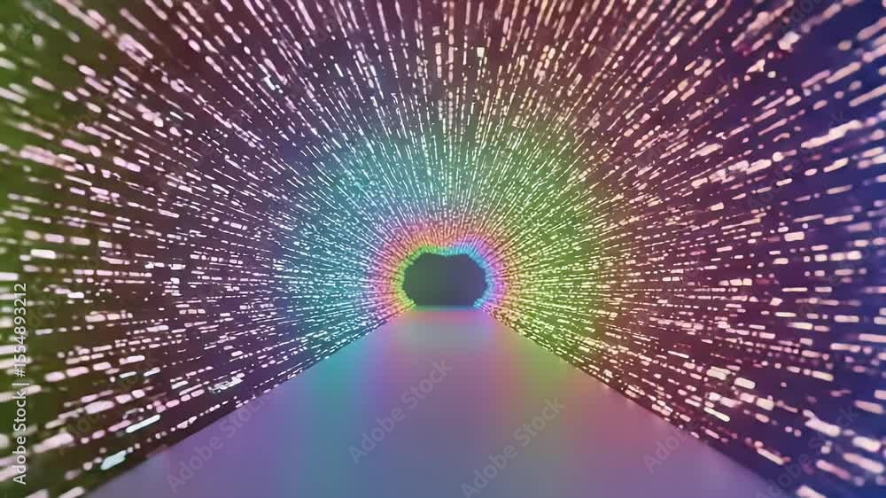 Poster abstract tunnel with rainbow-colored lights creating a futuristic and vibrant visual effect along a 