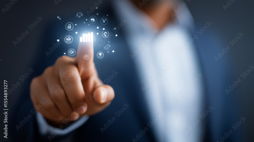 Poster businessman utilizing digital interface for crm and data analytics