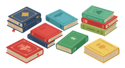 Isometric vector illustration of colorful fantasy books for library design and poster art