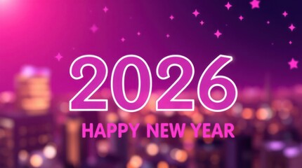 Celebrating the arrival of 2026 with a festive city skyline backdrop and radiant pink and purple hues.