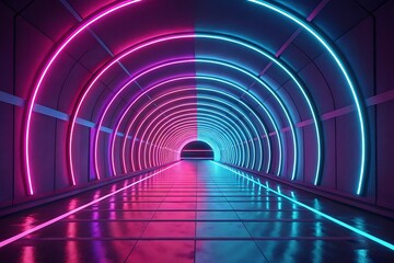 Neon tunnel illuminated with vibrant pink and blue lights background 