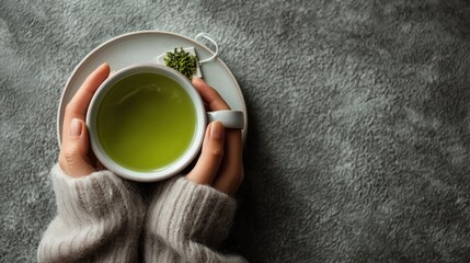 Serene Matcha Ritual: A person holds a warm cup of vibrant green matcha tea, embodying peace and wellness. The photo focuses on the harmony of this moment, evoking tranquility.