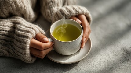 Cozy Tea Time: A person wrapped in a warm sweater clasps a steaming cup of tea, the aromatic vapor swirling, evoking warmth and contentment, captured in a moment of tranquil serenity.
