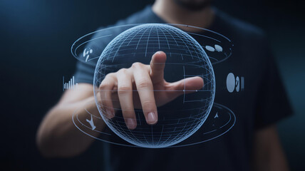 Person interacting with digital globe technology interaction