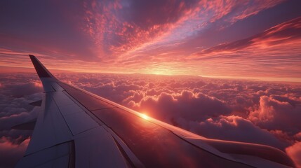 Above the Clouds: A breathtaking sunset seen from an airplane window, with the wing slicing through a sea of cotton candy clouds, painting the sky in hues of pink and gold.