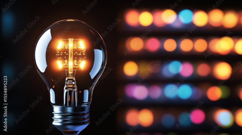 Poster close-up of a glowing incandescent light bulb with bokeh colorful lights background in dark setting