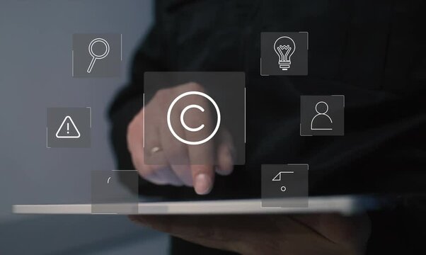 Digital copyright, patent concept. icons representing copyright, intellectual property, patents, legal protection, and safeguarding digital and intel