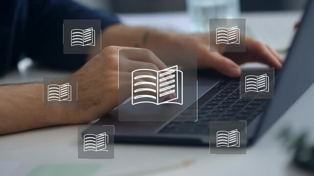 e-library, many e-book icons, electronic books online, knowledge base on internet, digital library or e-library