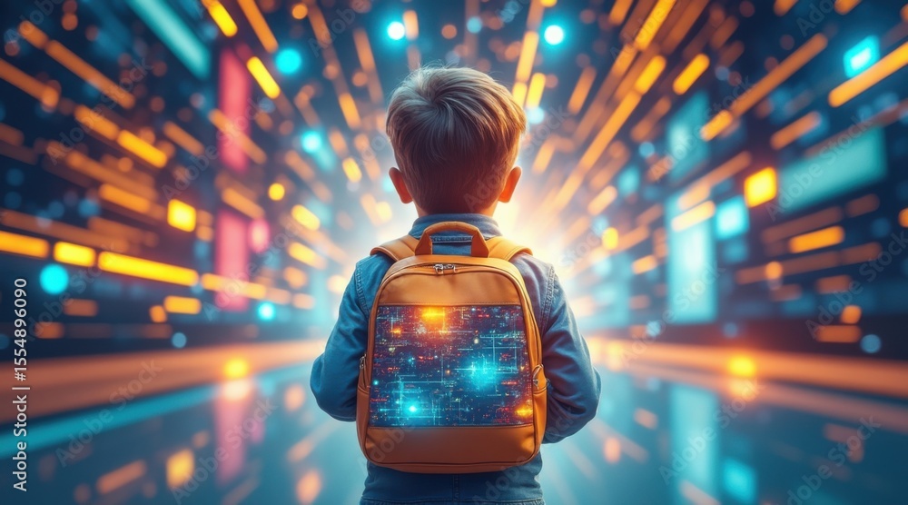Poster a child with a backpack stands facing a vibrant, futuristic, digitally illuminated tunnel filled wit