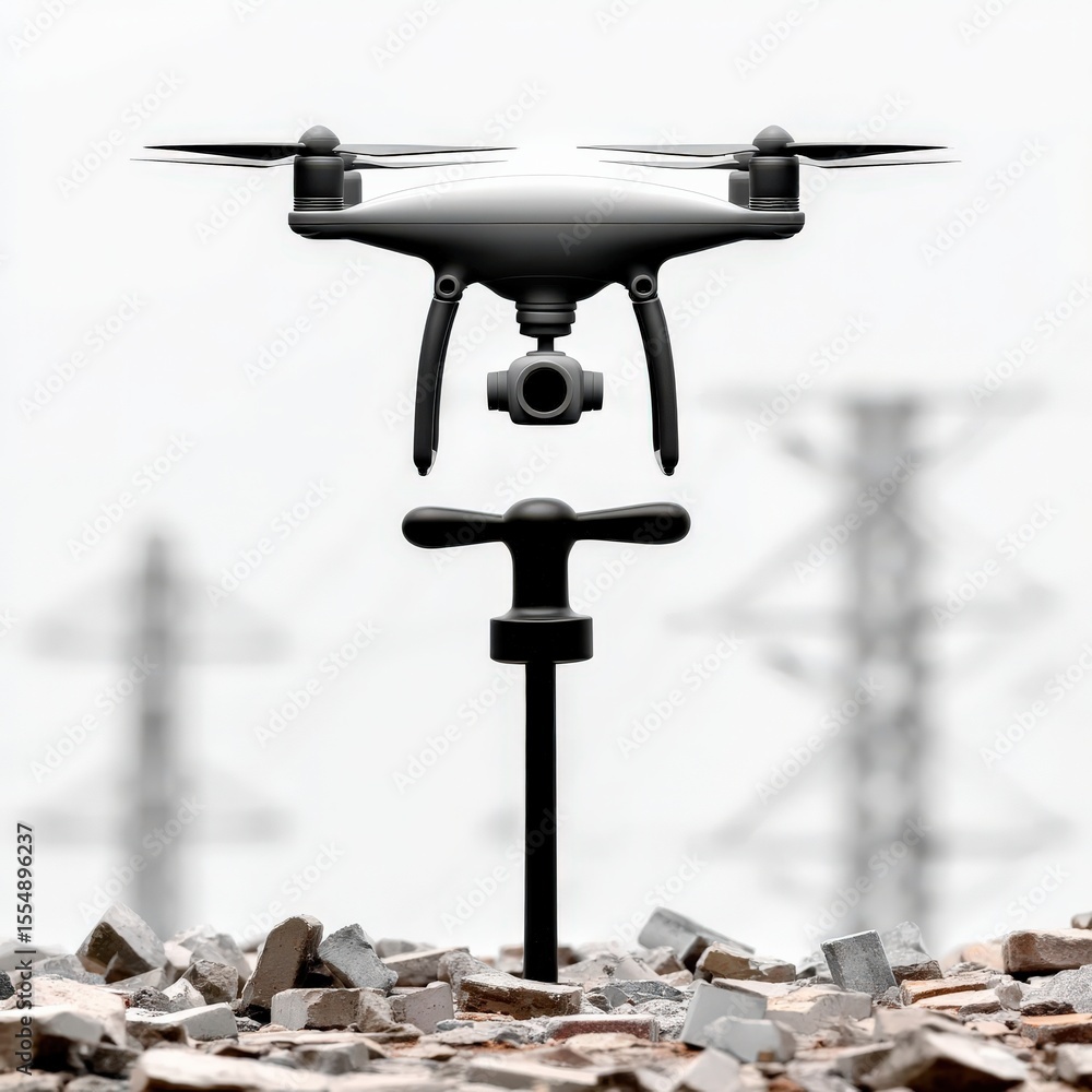 Poster peak energy demand concept. drone hovering above rocky terrain with power lines in the background.