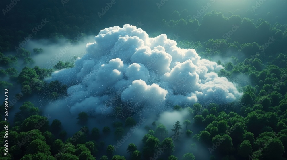 Poster a dense forest covered in mist with a large, fluffy cloud hovering above, illuminated by soft sunlig