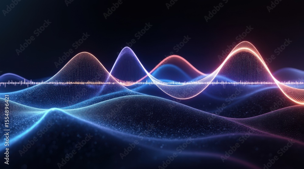 Poster abstract digital waves of light in blue and red hues create a dynamic, futuristic visualization agai