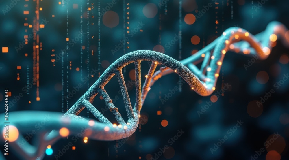 Poster a digitally rendered close-up of a dna double helix strand with glowing particles in a dark, futuris
