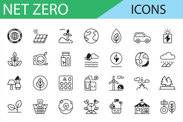A collection of Net Zero icons representing eco-friendly and sustainable practices. The image features various symbols related to renewable energy, recycling, and environmental conservation. Perfect f