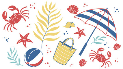 Summer Beach Elements:  Hand-drawn Illustration,  Playful Style,  Vibrant Colors,  Joyful Mood.