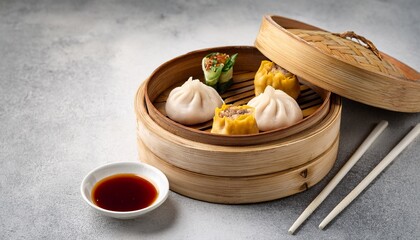 Assorted dim sum including dumplings, spring rolls, and bao buns served in a traditional bamboo steamer, accompanied by a small dish of dipping sauce, offering an authentic Asian culinary experience.
