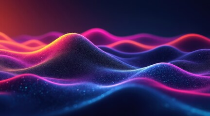Fototapeta premium A vibrant, abstract landscape of glowing, undulating waves in neon pink, purple, and blue hues against a dark background.