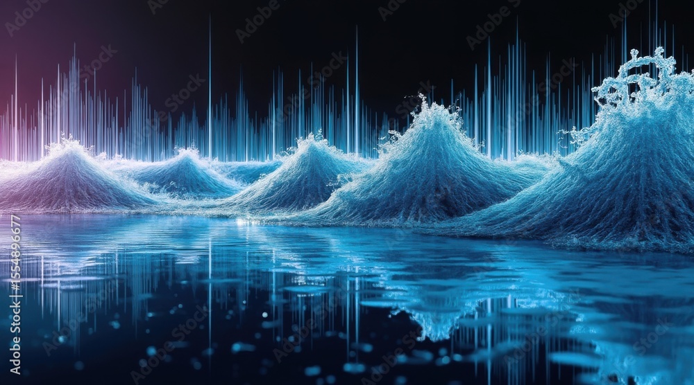 Poster abstract digital art depicting blue, wave-like structures with vertical light spikes, reflecting on 