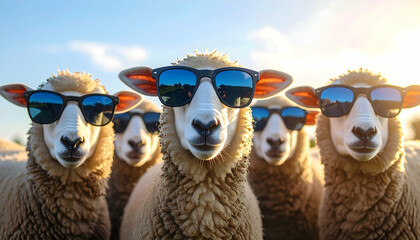 Sheep Wearing Sunglasses in Sunny Field, Cool Woolly Herd, Fun Animal Concept