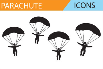 Set of Parachuting Icons Depicting Aerial Jumps, Flags, and Extreme Sports