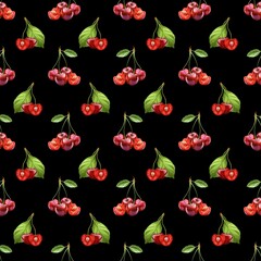 Pattern featuring cherries on a black background showcasing vibrant colors and textures for artistic design