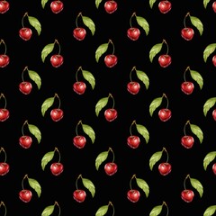 Red cherries with green leaves arranged in a seamless pattern on a black background creating a vibrant textile design
