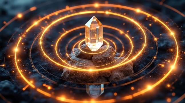 A glowing crystal sits on a reflective surface surrounded by concentric rings of bright, golden light, creating a mystical and futuristic ambiance. - Powered by Adobe