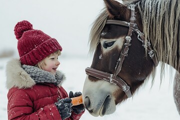 Child and Horse: Winter Friendship in the Snow