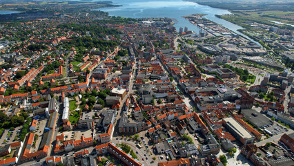 Arial view of the old town of the harbour city Horsens in Denmark on a sunny spring day