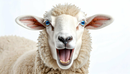 Obraz premium Surprised White Sheep with Bright Blue Eyes and Open Mouth
