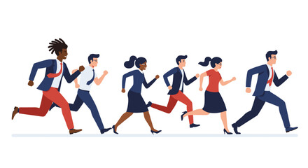 Minimalist vector illustration of diverse business team running: flat style for corporate design