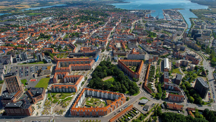 Arial view of the old town of the harbour city Horsens in Denmark on a sunny spring day