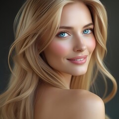 A close-up portrait of a smiling blonde woman with blue eyes and flawless skin, looking over her shoulder against a neutral background.