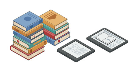 Digital and traditional reading: vector illustration of books and e-readers for educational design