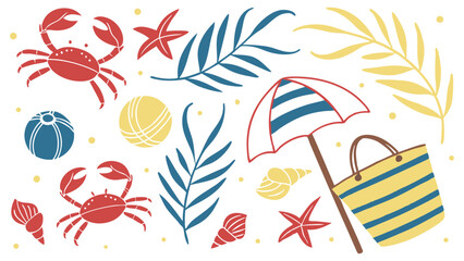 Summer Beach Elements:  Cute Hand-Drawn Crabs, Shells, Beach Ball, Striped Beach Bag and Umbrella, Tropical Leaves.