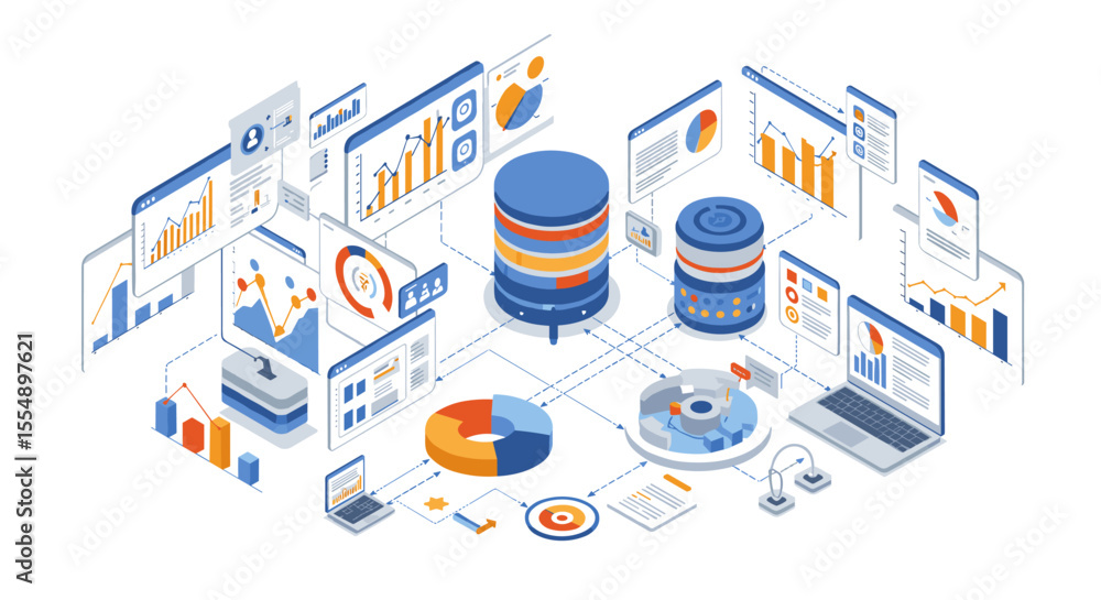 Poster isometric business data analysis vector illustration for technology report design