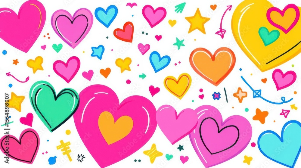 Poster whimsical hearts and stars floating on a white background create a playful and colorful design for a