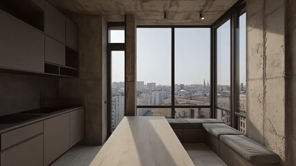 Obraz premium Modern kitchen with panoramic city view.