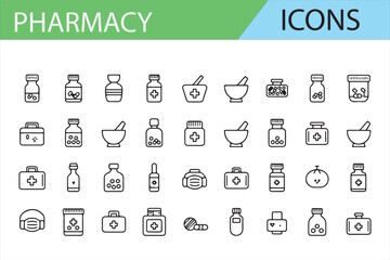 Set of Pharmacy and Healthcare Icons for Medical Use - Prescription, Syringe, Medicine, Pills, and More