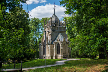 Andrássy Mausoleum, a neo-Gothic historic tomb in Trebišov, Slovakia. Stone architecture...