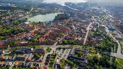 Arial view of the old town of the harbour city Kolding in Denmark on a sunny spring day  
