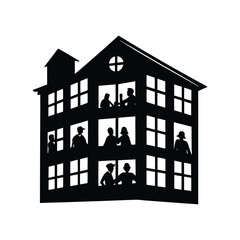 silhouette of dormitory with students in windows