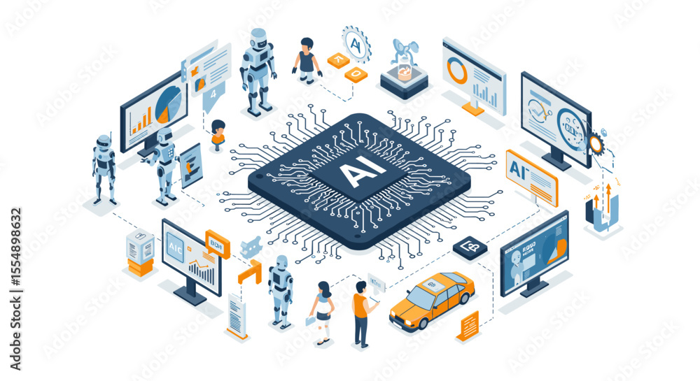 Poster ai technology ecosystem vector illustration: digital innovation and artificial intelligence in flat 
