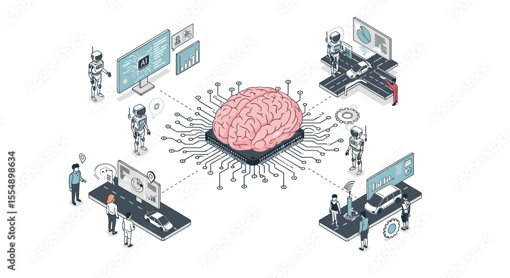 Aufkleber artificial intelligence in automation: isometric vector illustration for technology design