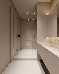 Contemporary, bright bathroom with wooden furniture, stone tiles and glass shower cabin. Design concept.
